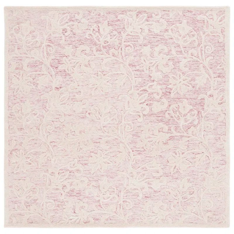 Handmade Pink and Ivory Floral Wool Tufted Square Rug