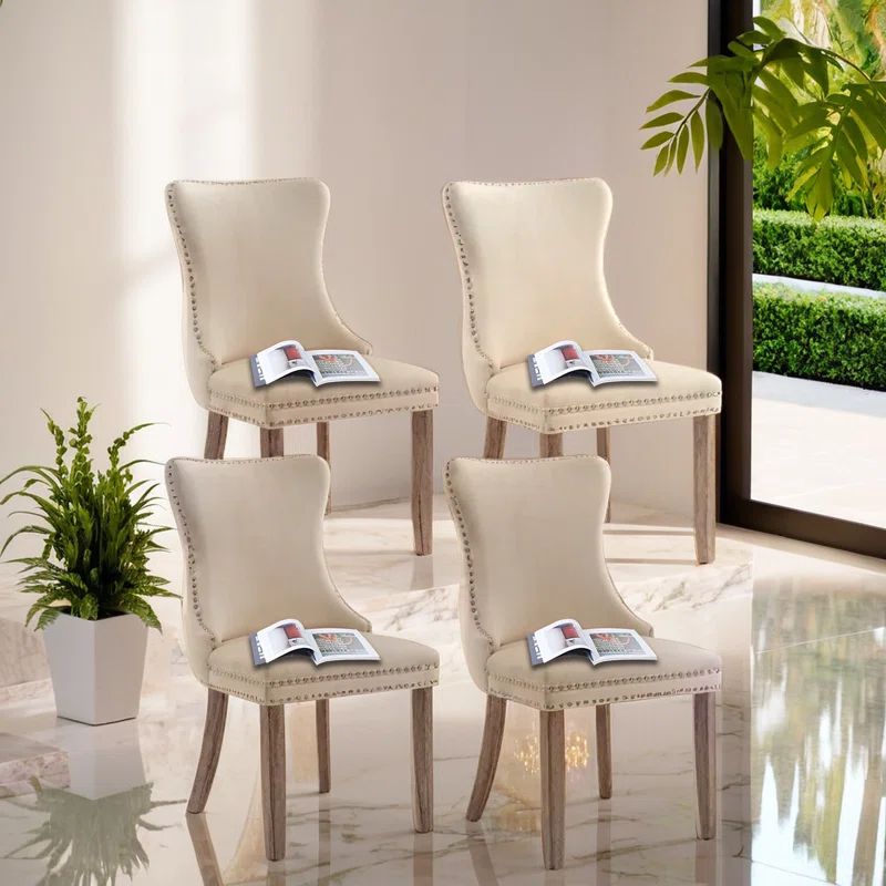 Beige Velvet Upholstered Wing Back Dining Chairs with Wood Legs, Set of 4