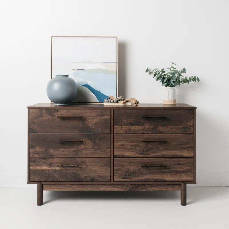Dark Brown 6-Drawer Walnut Wood Dresser with Goldtone Handles