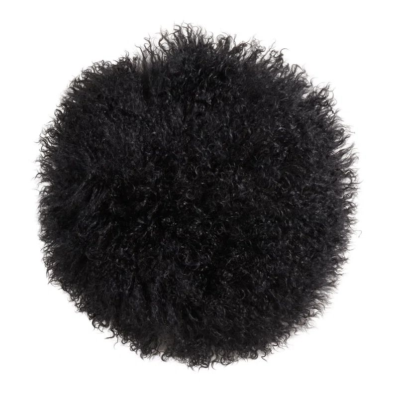 Black Round Wool Mongolian Lamb Fur Throw Pillow