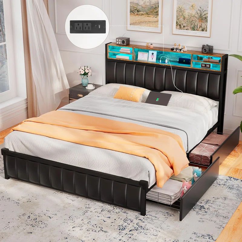 Full Size Black Upholstered Platform Bed with Storage and LED Lights
