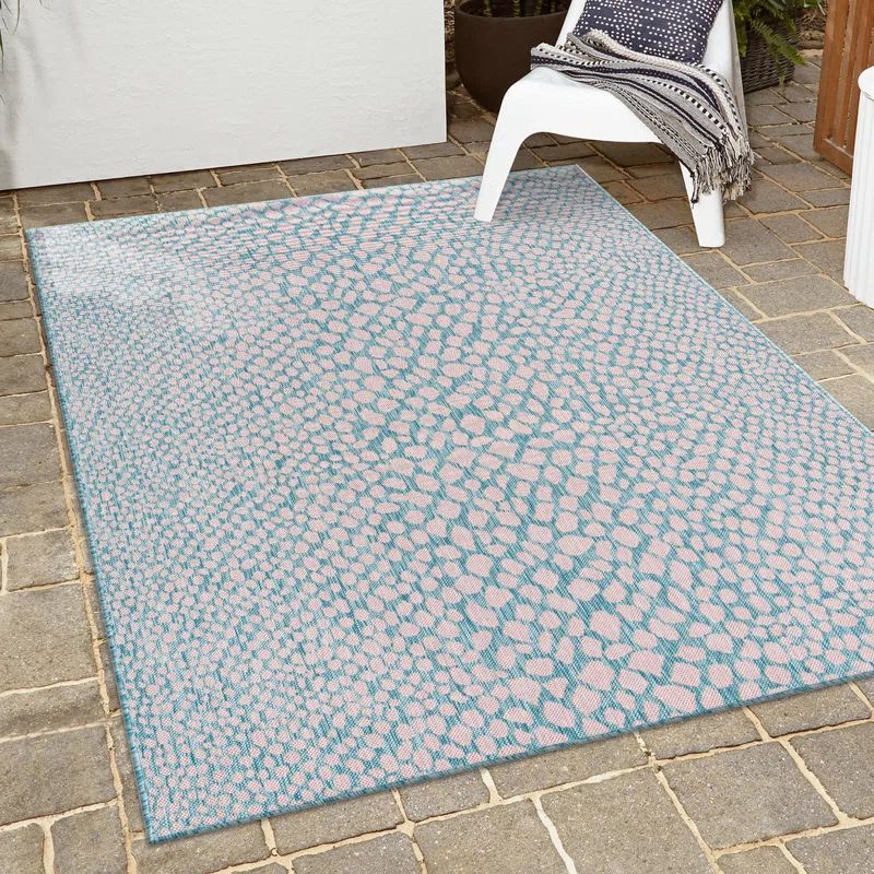 Pink and Aqua Synthetic Rectangular Outdoor Rug, 9' x 12'