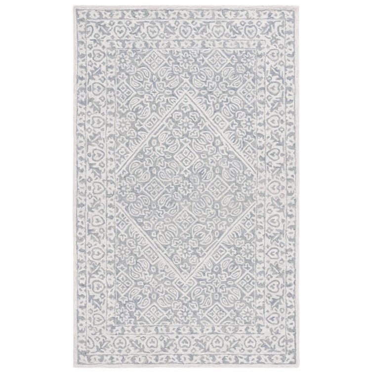 Handmade Gray and Ivory Wool Floral Rectangle Area Rug 4' x 6'
