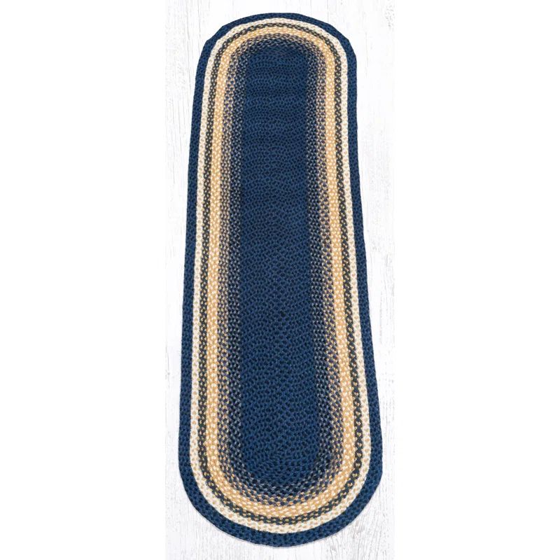 Light Blue and Mustard Braided Jute Oval Runner Rug 2'x8'