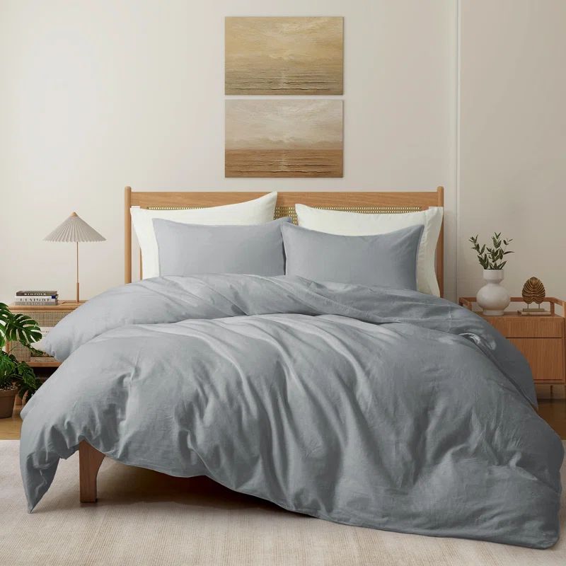 Gray Full/Queen Linen Cotton Duvet Cover Set with Pillowcases