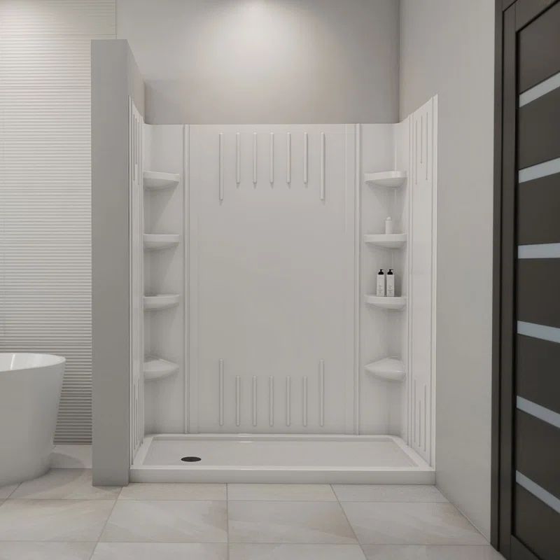 White Acrylic Alcove Shower Kit with Shelves and Slip-Resistant Base