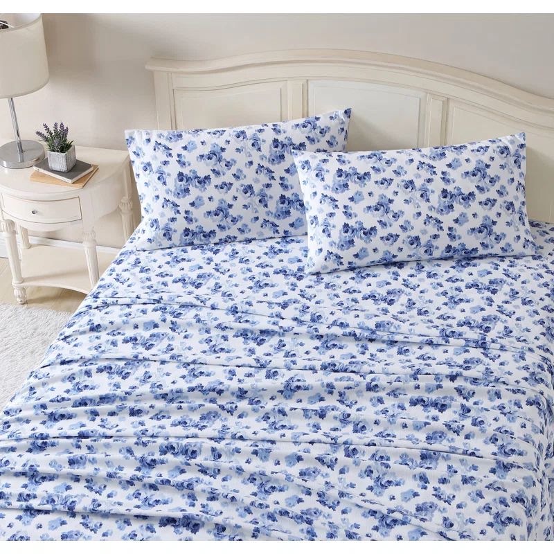 Emelisa Blue Floral Cotton Flannel Full Sheet Set