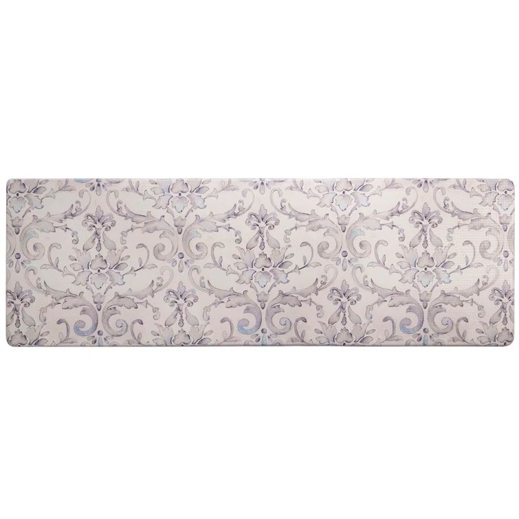Cream and Blue Watercolor Damask Anti-Fatigue Kitchen Mat