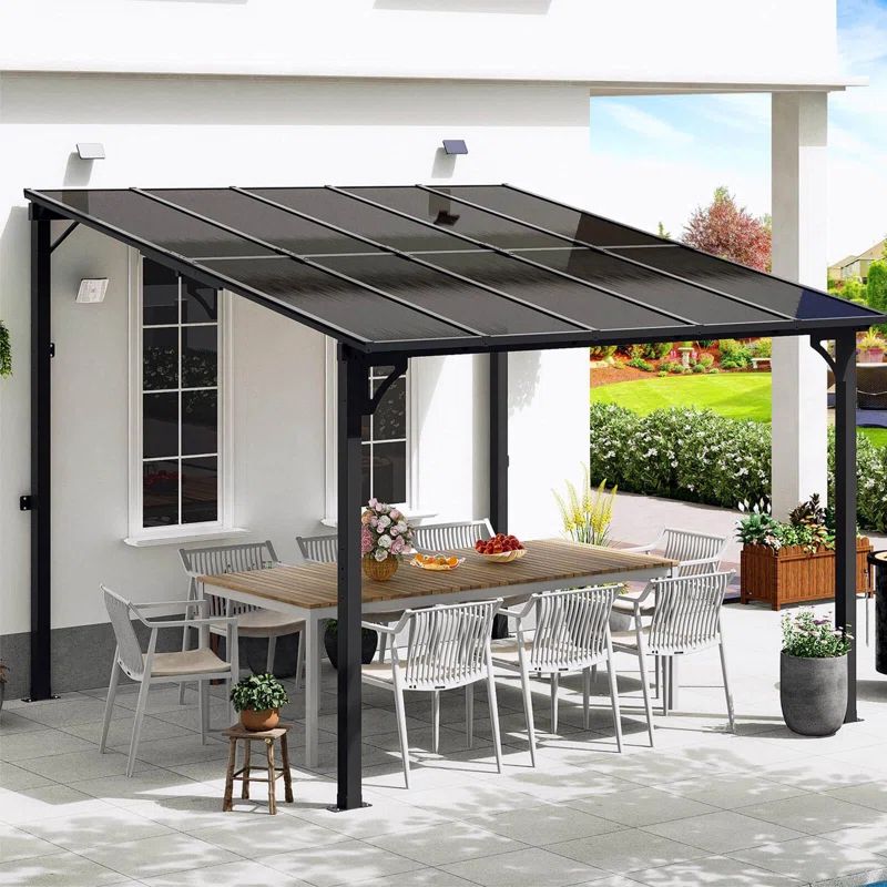 10' x 10' Black Aluminum and Polycarbonate Wall-Mounted Gazebo