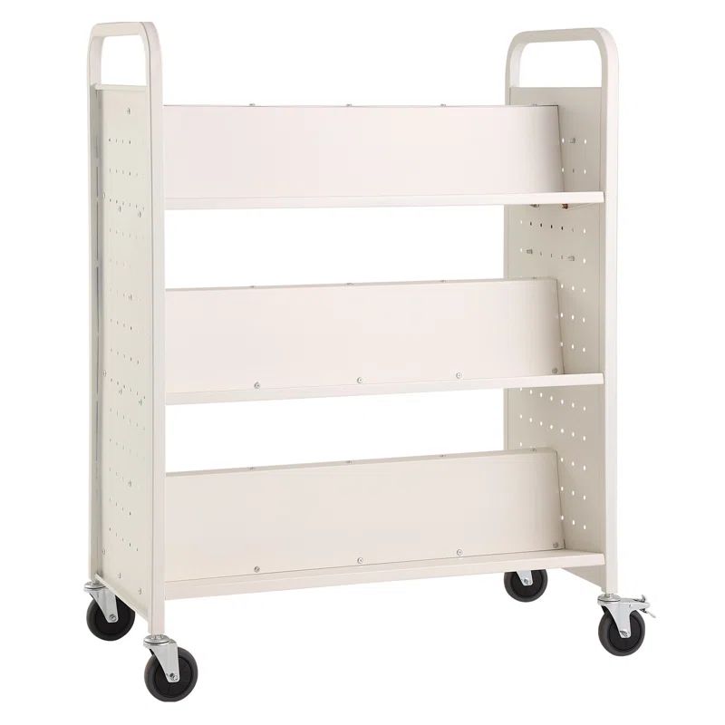 White Double-Sided Rolling Book Cart with Lockable Wheels