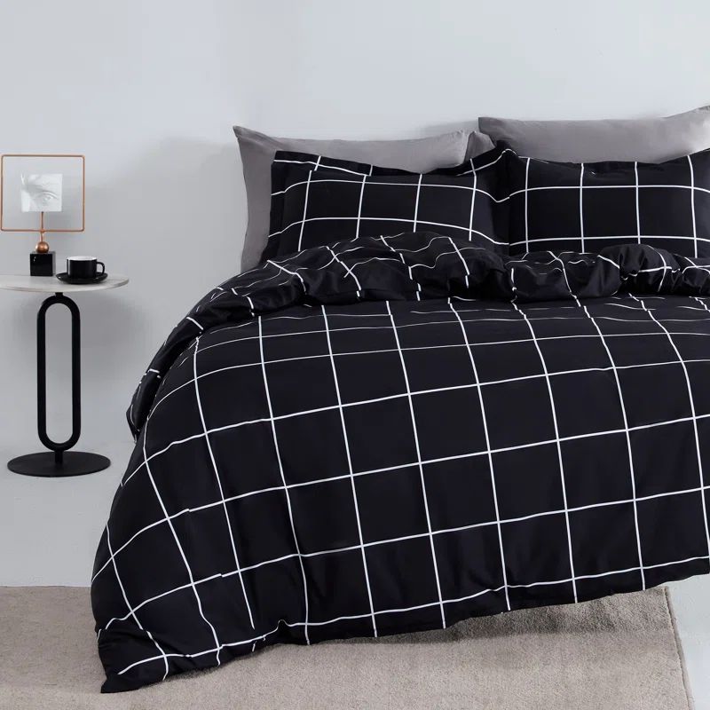King Black and White Geometric Plaid Microfiber Duvet Cover Set