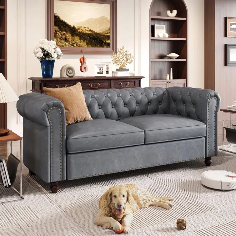 72" Brown Faux Leather Chesterfield Sofa with Wooden Legs
