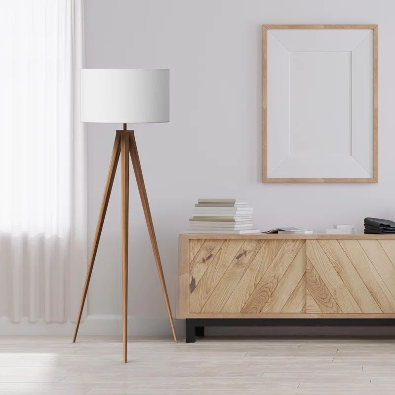 Natural Wood Tripod Floor Lamp with White Drum Shade