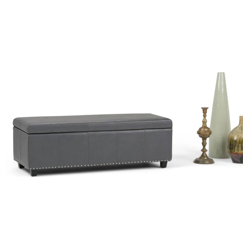 Stone Gray Faux Leather Rectangular Storage Ottoman Bench