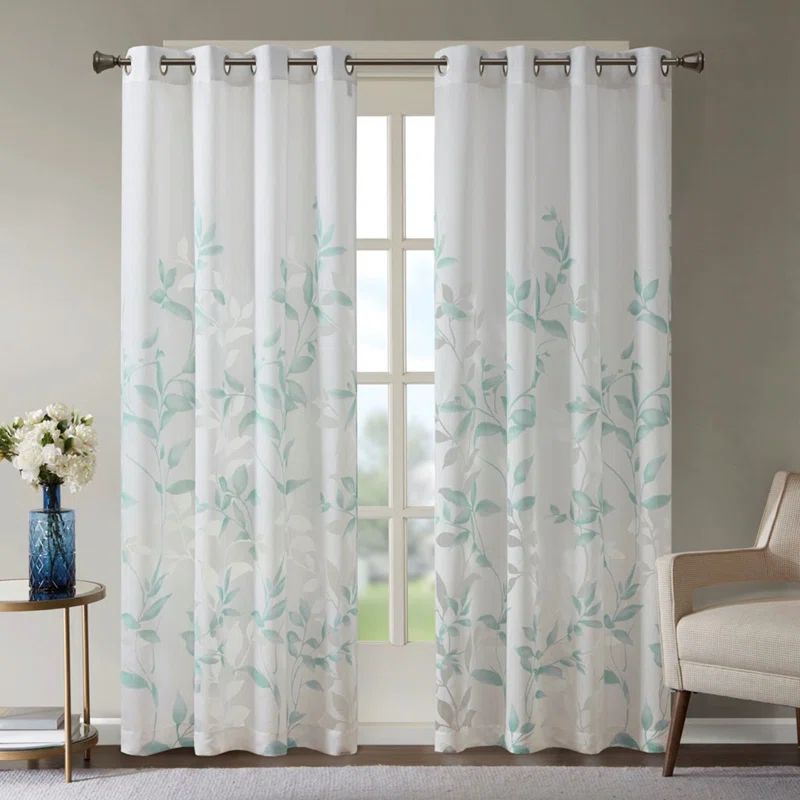 Aqua Botanical Sheer Polyester Grommet Window Panel