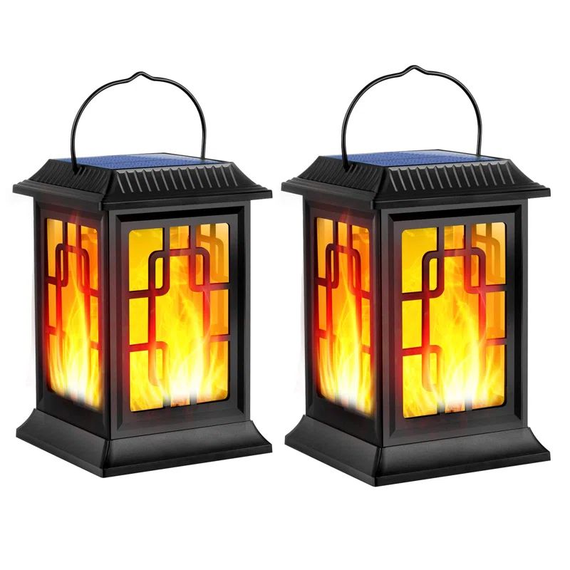 Black Metal Flickering Flame Solar Lanterns with Hook