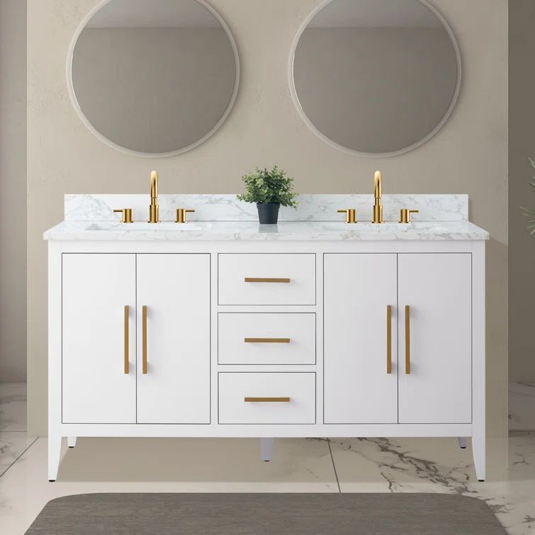 60" White Double Sink Bathroom Vanity with Gold Hardware
