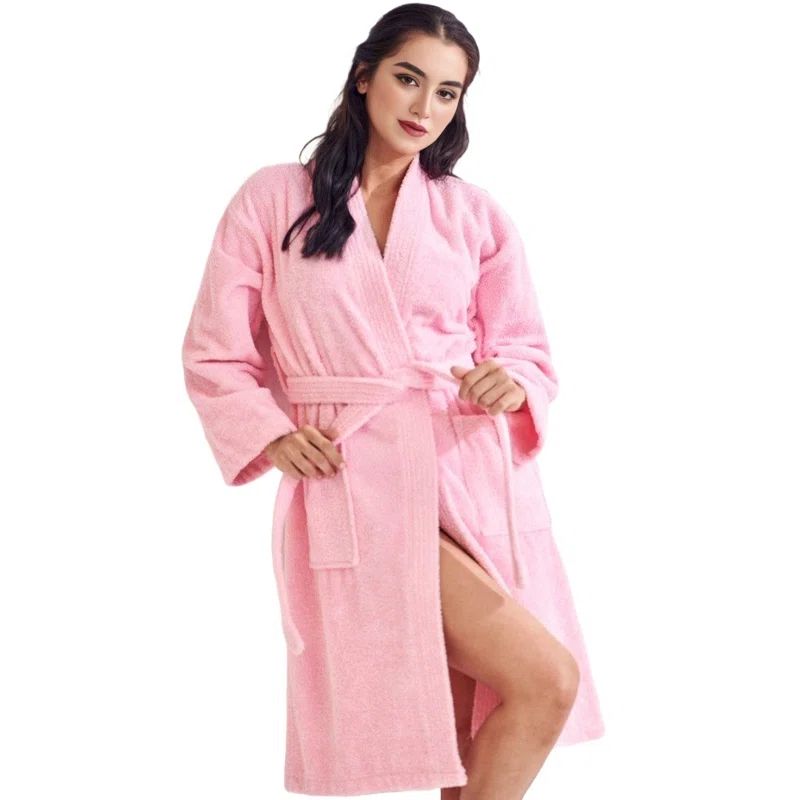 Pink Cotton Terry Cloth Mid-Calf Bathrobe with Pockets