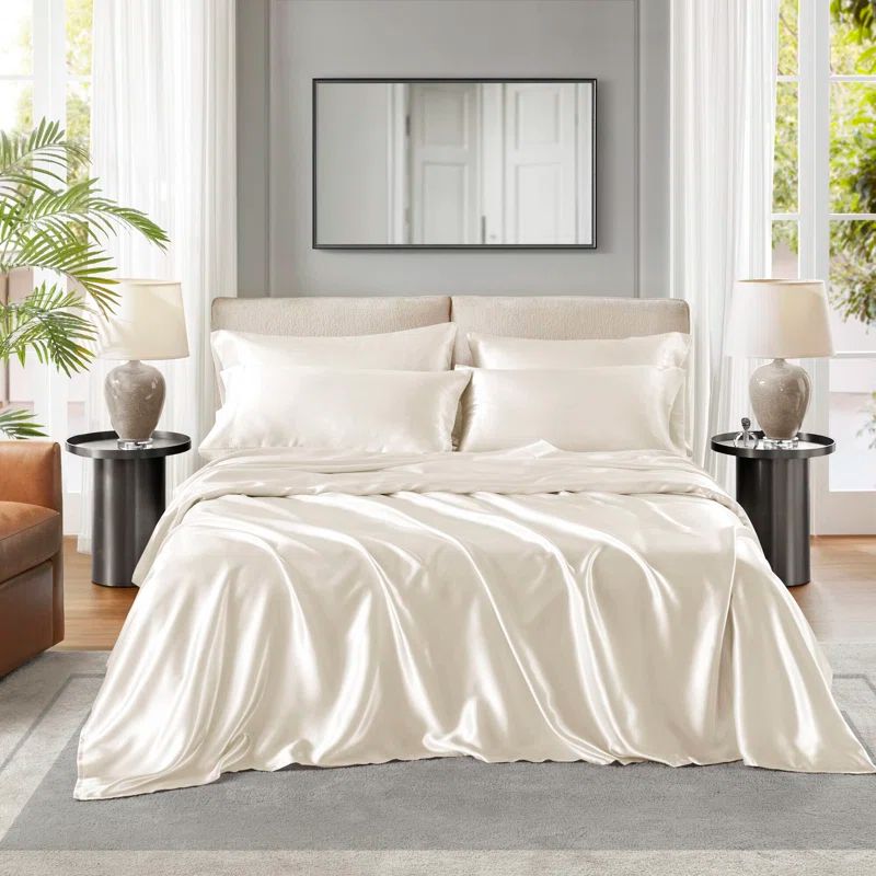 Luxurious Ivory Satin Twin Sheet Set with Pillowcases