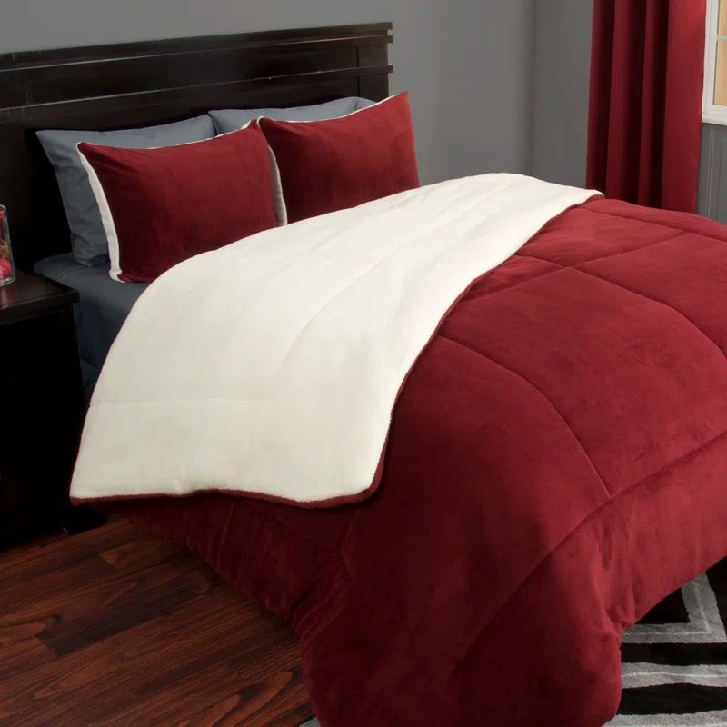 King Burgundy Reversible Sherpa Fleece Comforter Set