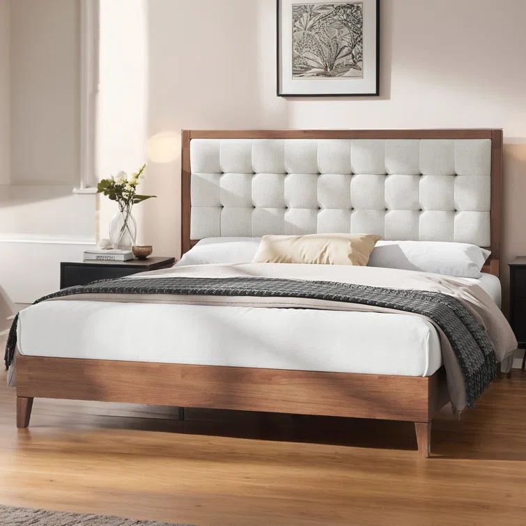 King Walnut Wood Frame Upholstered Bed with Tufted Linen Headboard