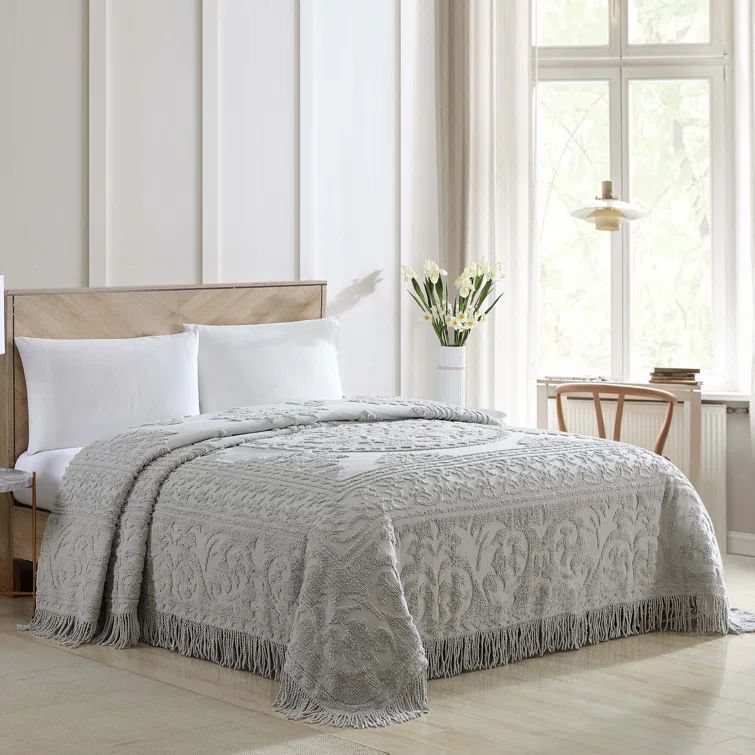 Full Size Gray Cotton Chenille Medallion Bedspread