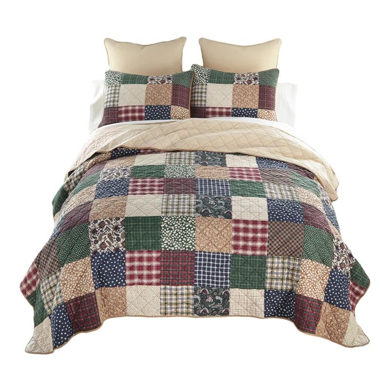 Ivory and Multicolor Cotton King Reversible Quilt Set