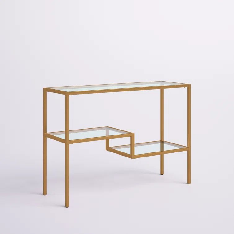 Evelyn&Zoe Lovett Modern Brushed Gold Console Table with Tempered Glass Shelves