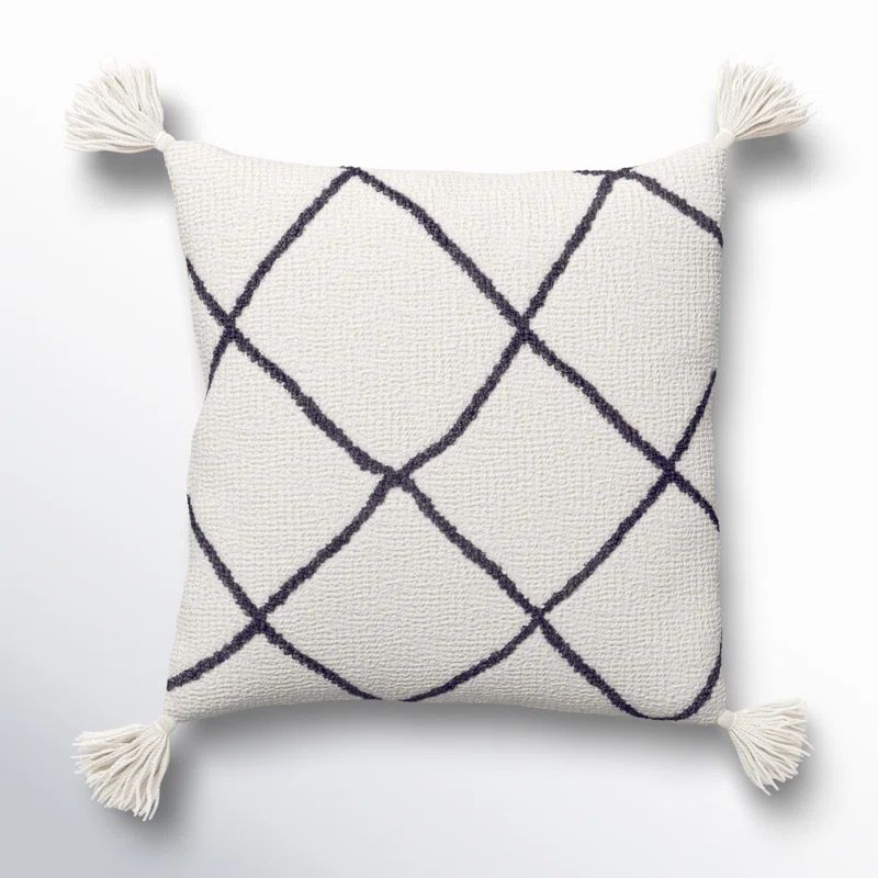 White and Charcoal Geometric Acrylic Square Throw Pillow with Tassels