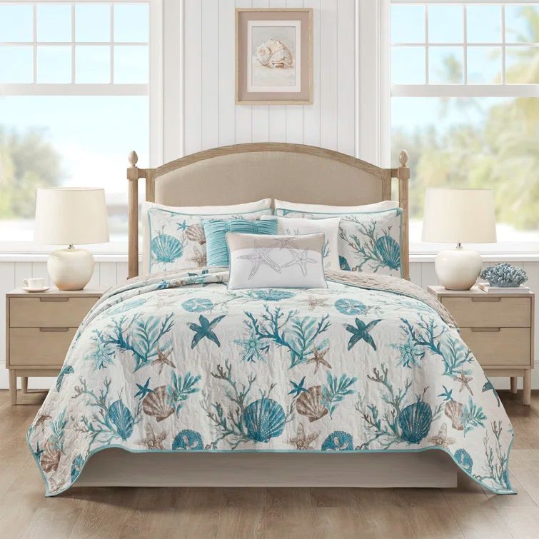Aqua Blue Cotton Reversible Coastal Quilt Set, Full