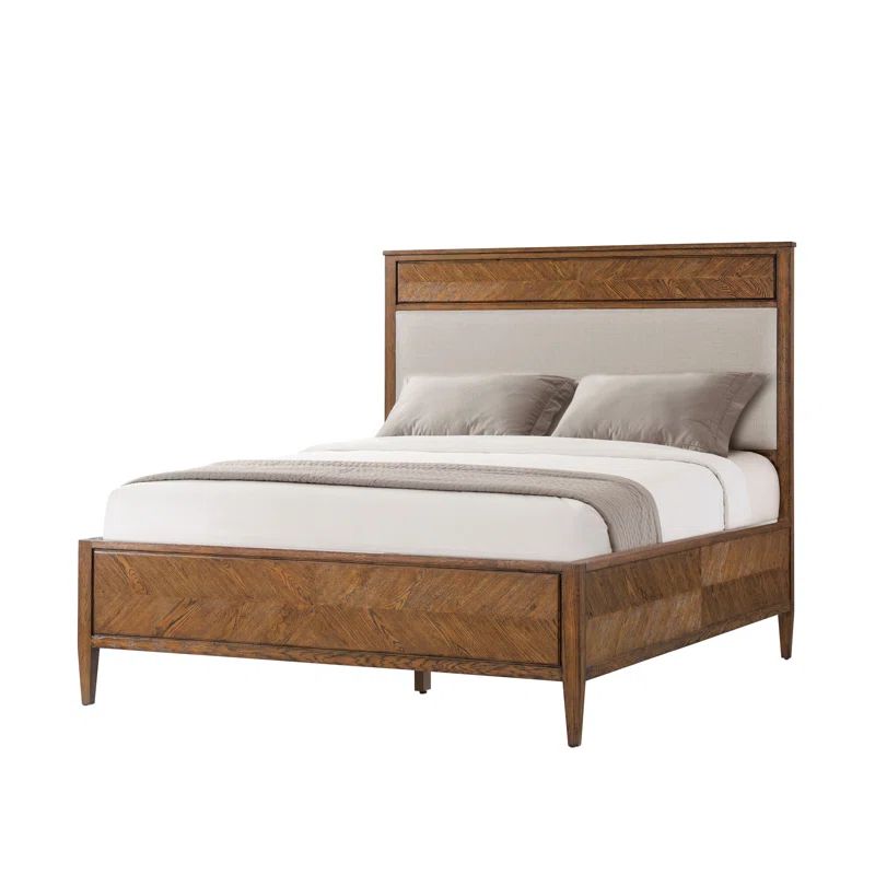 Rustic Oak & Linen Upholstered Queen Bed with Starburst Headboard