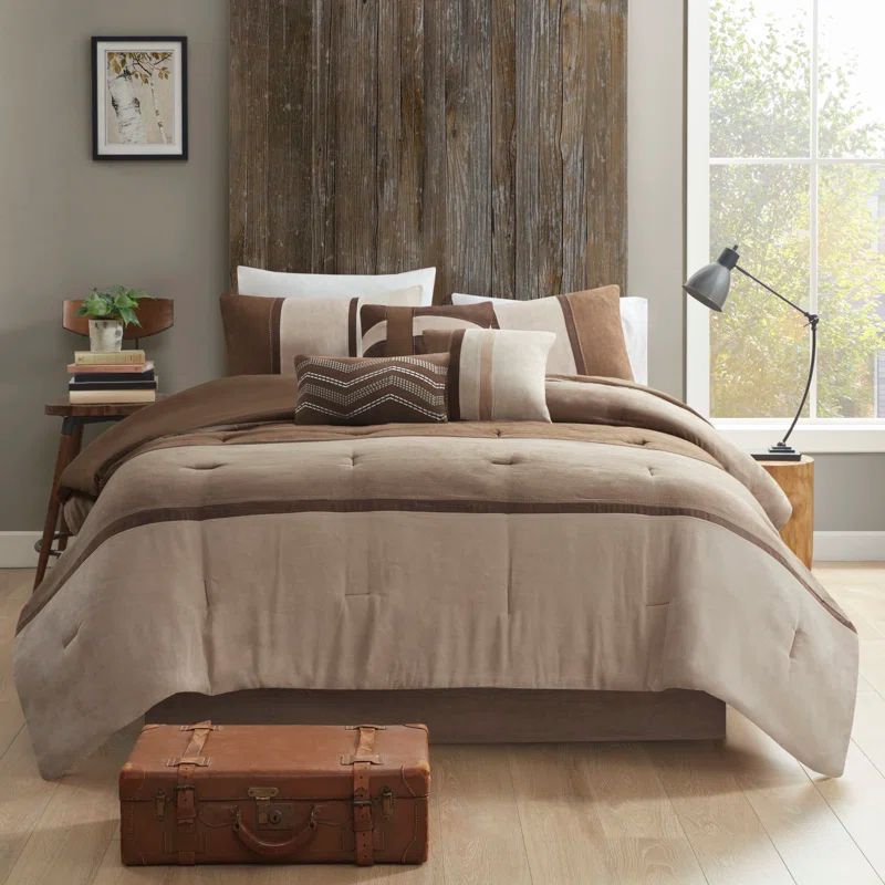Brown Faux Suede Queen Comforter Set with Decorative Pillows