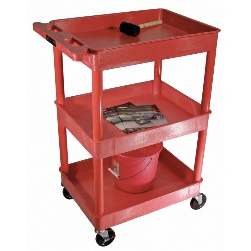 Red Heavy-Duty Plastic 3-Shelf Utility Cart with Raised Ledge