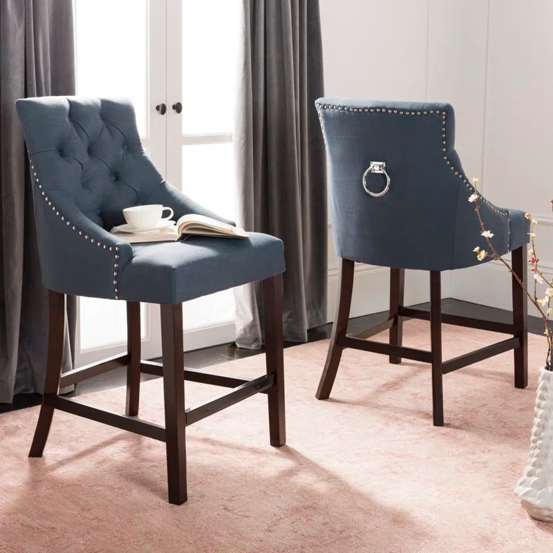 Eleni 26" Light Grey Tufted Wingback Counter Stool with Chrome Accents