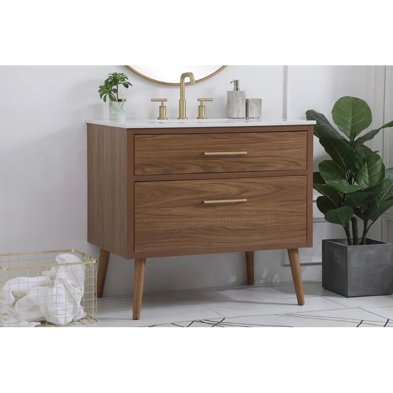 Walnut Brown 36" Single Sink Vanity with Marble Top