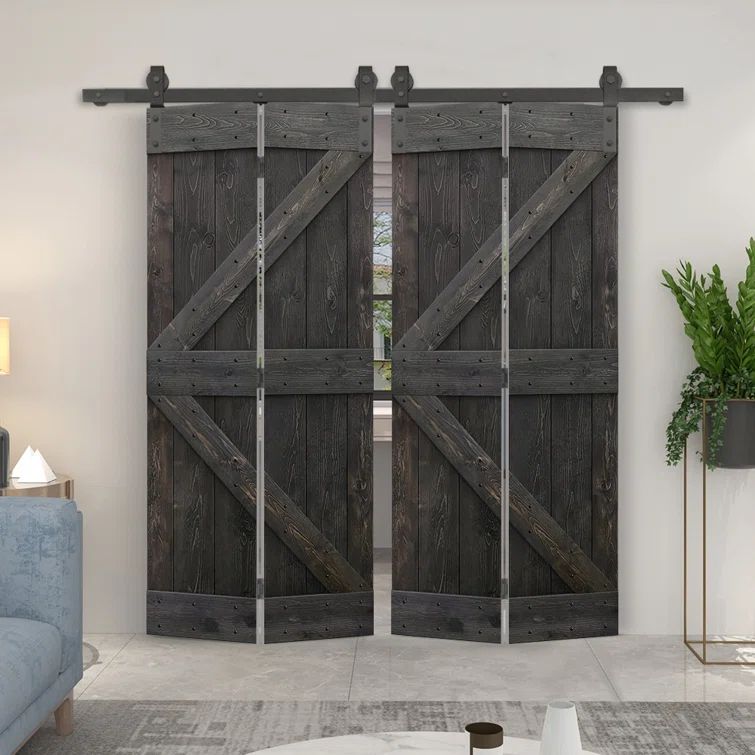 Charcoal Black Stained Solid Pine Double Bifold Barn Doors with Sliding Hardware Kit