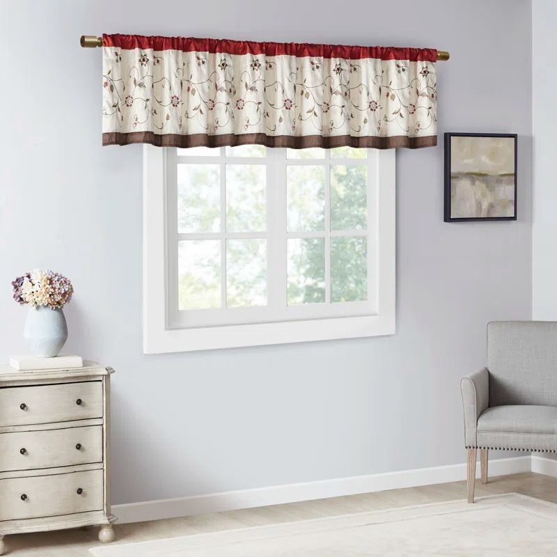 Red and Ivory Floral Embroidered Rod Pocket Valance