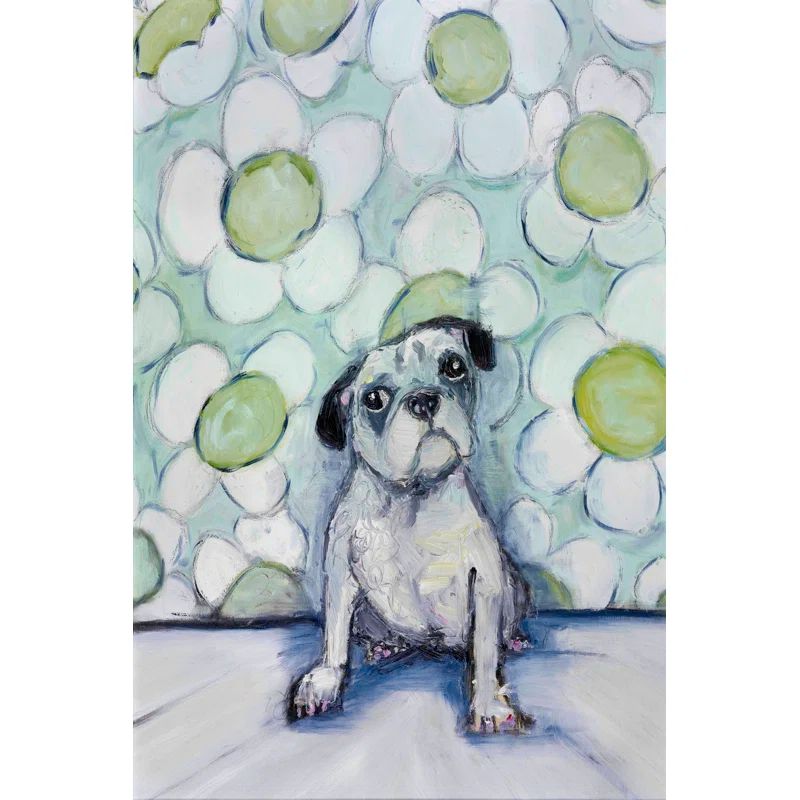 White and Green Floral Canvas with Puppy Painting, 18" x 26"