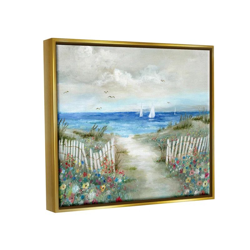 Tranquil Beachside Flower Meadow Ocean Scene Gold Framed Canvas Print