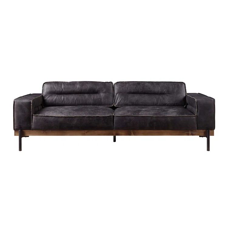 Antique Ebony Leather Sofa with Wooden Trim and Track Arms