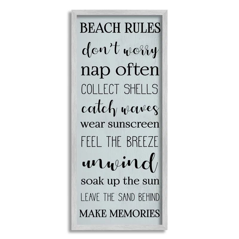 Gray Framed Coastal Beach Rules Wooden Wall Art, 10 x 24