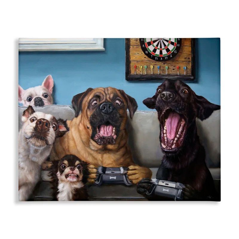 Funny Dogs Playing Video Games Canvas Wall Art, 16 x 20