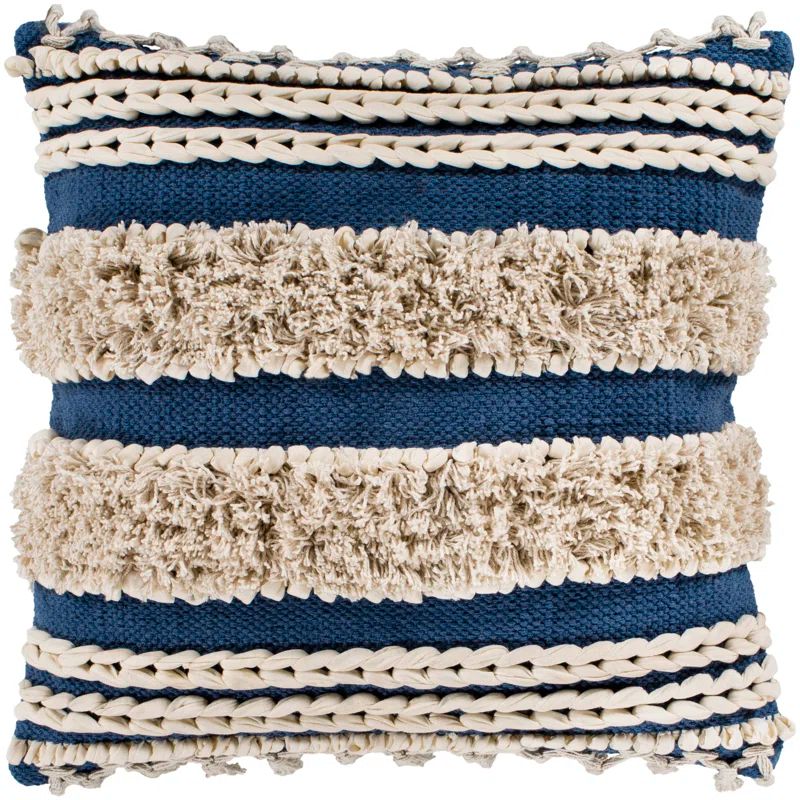 Navy and Beige Embroidered Cotton Square Throw Pillow