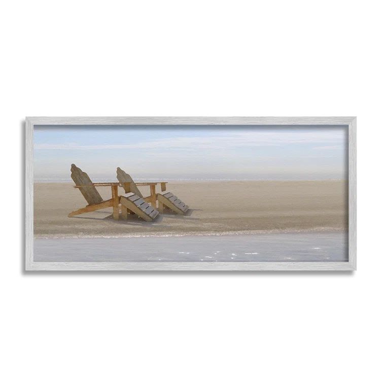 Gray Framed Landscape Canvas Print with Beach Chairs, 30 x 13