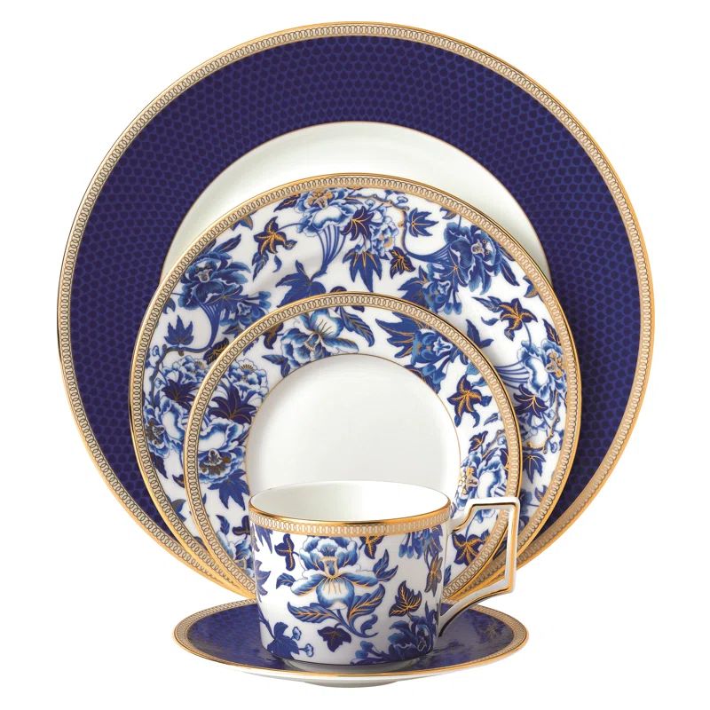 Hibiscus Blue and Gold 5 Piece Porcelain Place Setting