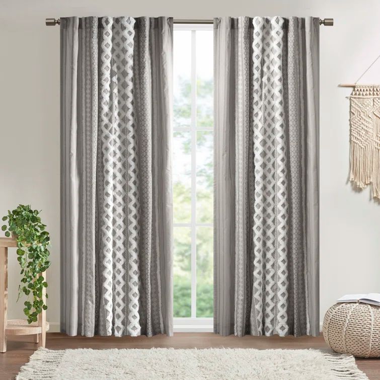 Gray Cotton Geometric Chenille Stripe Window Panel, 50" x 95"