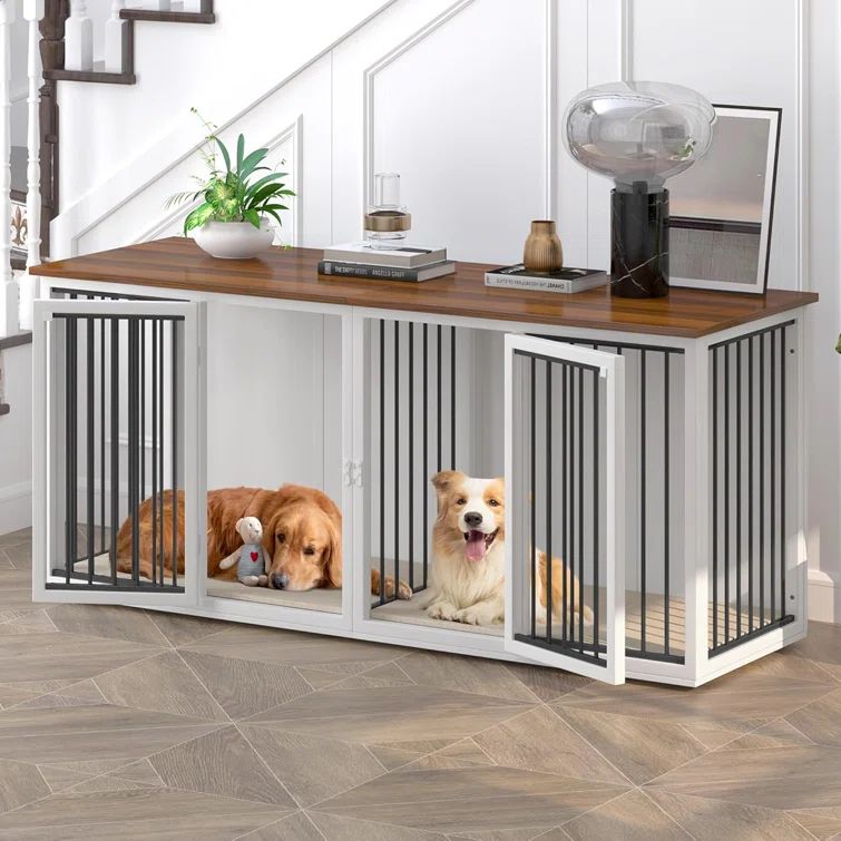 Large White Steel Frame Dog Crate Furniture with Double Doors