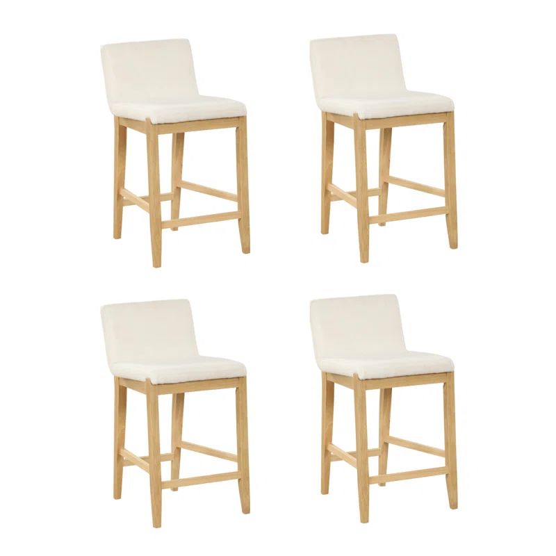 Cream Boucle Upholstered Counter Stools with Warm Pine Legs, Set of 4