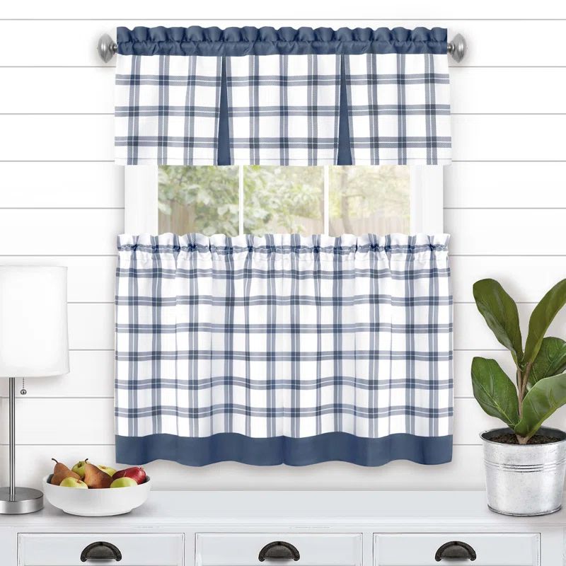 Black Plaid Light Filtering Tier and Valance Curtain Set