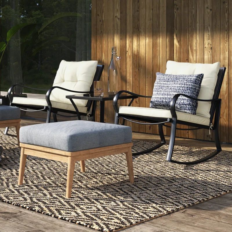 Black Metal and White Cushion 3-Piece Outdoor Rocking Chair Set
